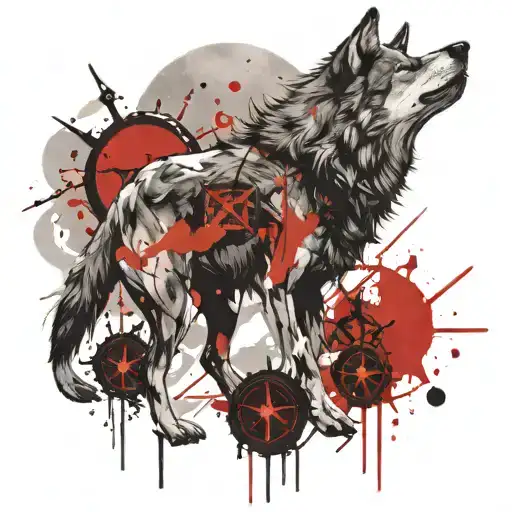 wolf and compass and moon tattoo design idea