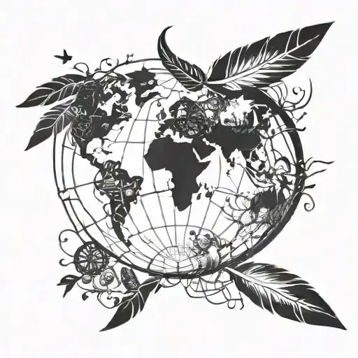 Feathers intertwined with a world map, symbolizing peace and unity through travel tattoo design idea