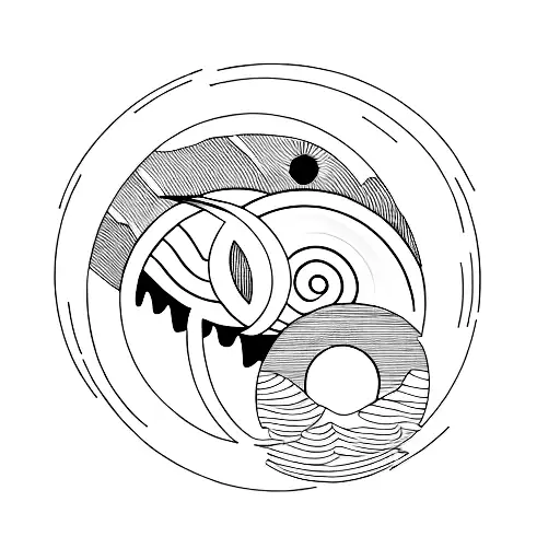 A minimalist tattoo of a mountain range surrounded by a circle, with the sun and moon placed on opposite sides, reflecting the client's appreciation for the natural beauty of both day and night. tattoo design idea