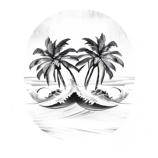 two Palm Trees with wave and sunset tattoo design idea