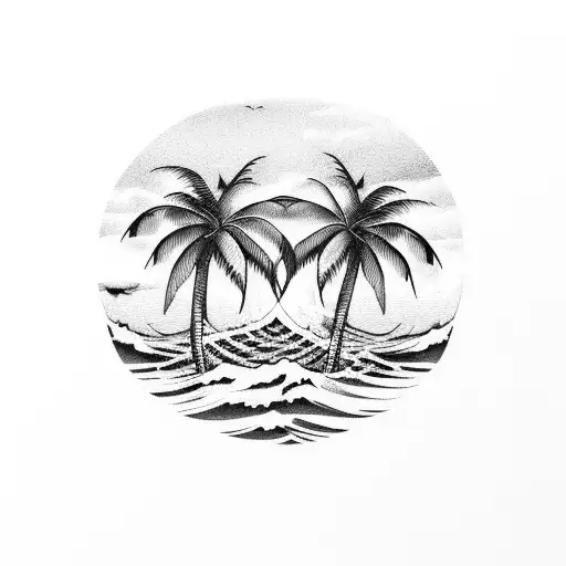 two Palm Trees with wave and sunset tattoo design idea