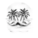 two Palm Trees with wave and sunset tattoo design idea