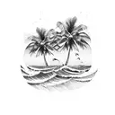 two Palm Trees with wave and sunset tattoo design idea