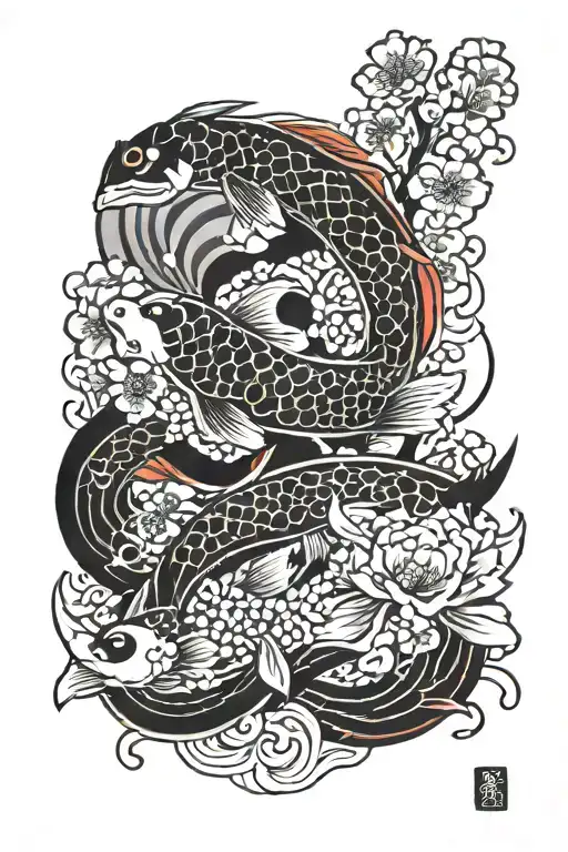 Japanese inspired tattoo incorporating traditional Japanese art elements such as cherry blossoms and koi fish tattoo design idea