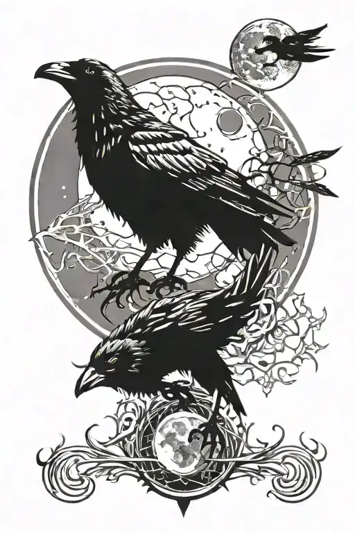 crow with moon background with wolf standing  tattoo design idea