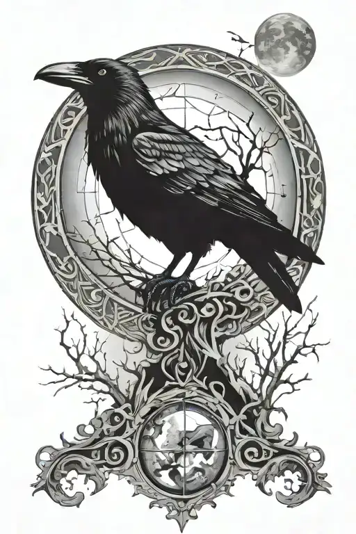 crow with moon background with wolf standing  tattoo design idea