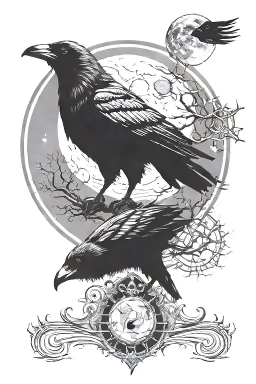 crow with moon background with wolf standing  tattoo design idea