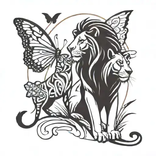 simba and nala from the lion king watching a butterfly fly away. tattoo design idea