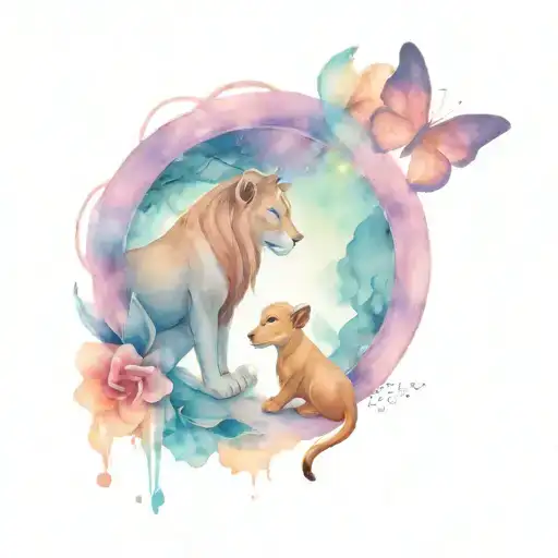 simba and nala from the lion king watching a butterfly fly away. tattoo design idea