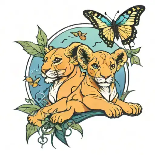 simba and young nala watching a butterfly fly away. they are both at the water's edge tattoo design idea