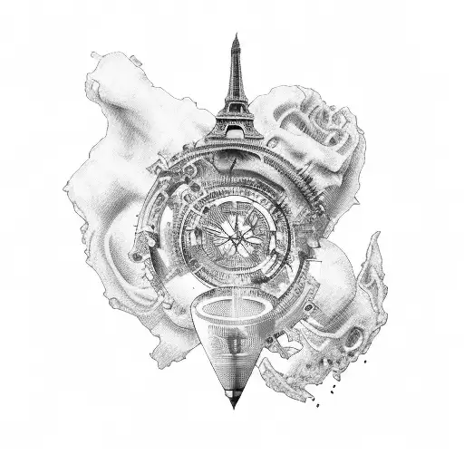 leg sleeve tattoo that incorporates elements of france, australia, roman empire, and mechanical engineering tattoo design idea