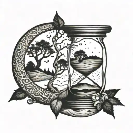 hour glass with sand with trees as the sides of the glass snake wrapped around it to a moon  tattoo design idea