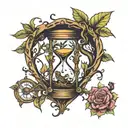 hour glass with trees as sides of hour glass with snake wrapping around crescent moon and hour glass tattoo design idea