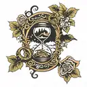 hour glass with trees as sides of hour glass with snake wrapping around crescent moon and hour glass tattoo design idea