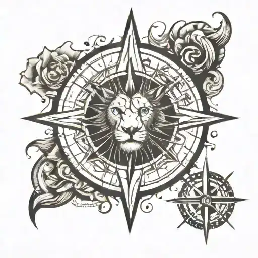 You could have the compass rose at the center, surrounded by the various symbols. The lightning bolt or lion's head can  tattoo design idea