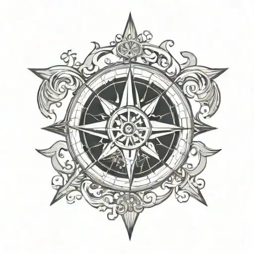 Compass Rose in the center with intricate detailing. Lightning Bolt crossing through or behind the compass to signify po tattoo design idea