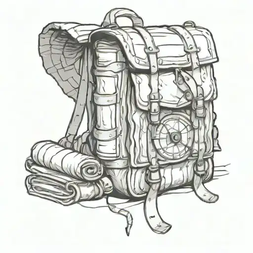 a travelers backpack with a bed roll; stylized after DnD tattoo design idea