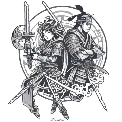 girl and boy futuristic samurai warrior tattoo design idea