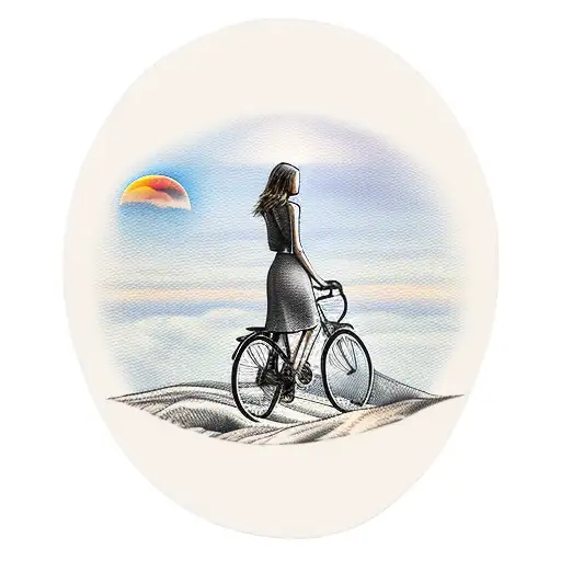 Skinny tall girl on bicycle stay on the hill and watch sunset. Summer warm. View from back tattoo design idea