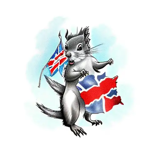 A traditional style tattoo featuring a red squirrel holding the British flag tattoo design idea