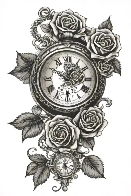 pocket watch set to 5:30 surrounded by roses and other fillers  tattoo design idea