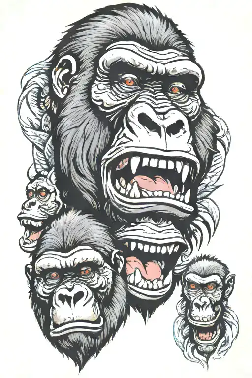 Big male gorilla, open mouth, female gorilla, 3 baby gorillas tattoo design idea