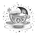 Espresso cup with a celestial moon and stars backdrop tattoo design idea