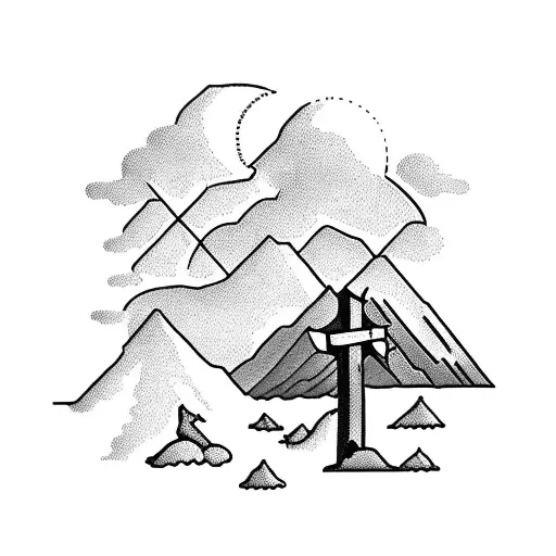 Christian Cross clouds mountains trees tattoo design idea