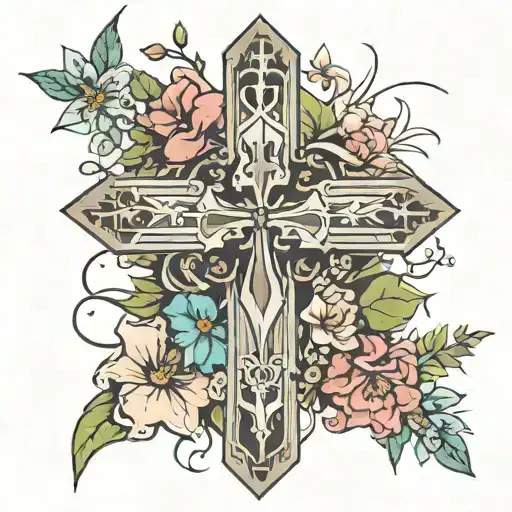 sharp cross with flowers coming out of it with blockky 999 next to cross tattoo design idea