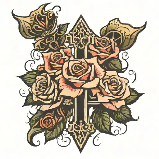 sharp cross with roses with 999 under it tattoo design idea