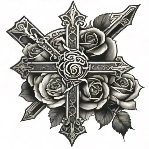 sharp cross with roses with 999 under it tattoo design idea