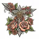 sharp cross with roses with 999 under it tattoo design idea