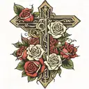 sharp cross with roses with 999 under it tattoo design idea