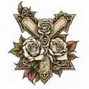 sharp cross with roses with 999 under it tattoo design idea