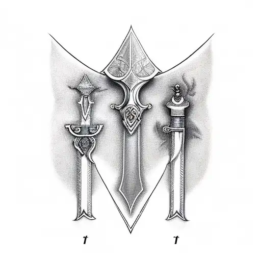 THREE SWORD DIFFERENT STYLES IN LINE OVER THE OTHER tattoo design idea
