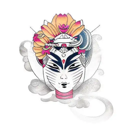 lady samurai warrior wearing kabuki mask, lotus, waves, cherry blossoms tattoo design idea
