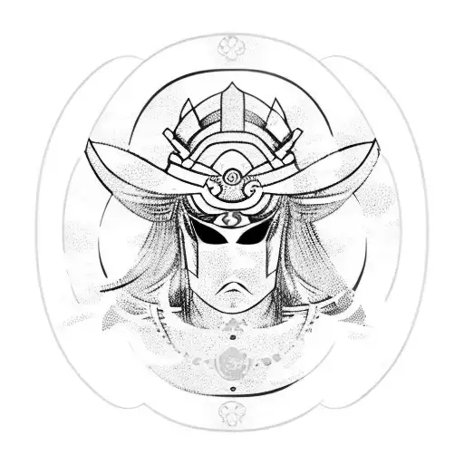 aquarius, samurai warrior wearing kabuki mask, lotus, waves, cherry blossoms tattoo design idea