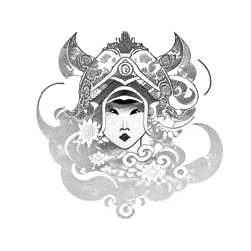 aquarius, lady samurai warrior wearing kabuki mask, lotus, waves, cherry blossoms tattoo design idea