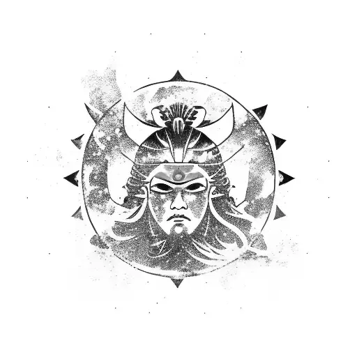 aquarius, samurai warrior whole body wearing kabuki mask, lotus, waves, cherry blossoms tattoo design idea