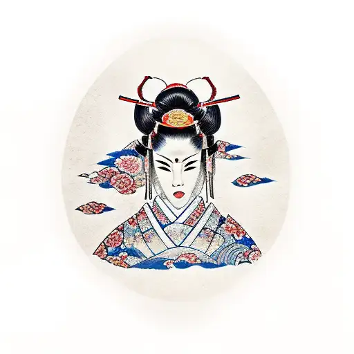 lady samurai warrior wearing kabuki mask, lotus, waves, cherry blossoms tattoo design idea