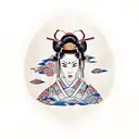 lady samurai warrior wearing kabuki mask, lotus, waves, cherry blossoms tattoo design idea