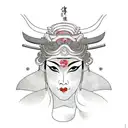 lady samurai warrior wearing kabuki mask, lotus, waves, cherry blossoms tattoo design idea