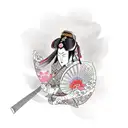 lady samurai warrior wearing kabuki mask, lotus, waves, cherry blossoms tattoo design idea