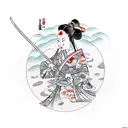 lady samurai warrior wearing kabuki mask, lotus, waves, cherry blossoms tattoo design idea