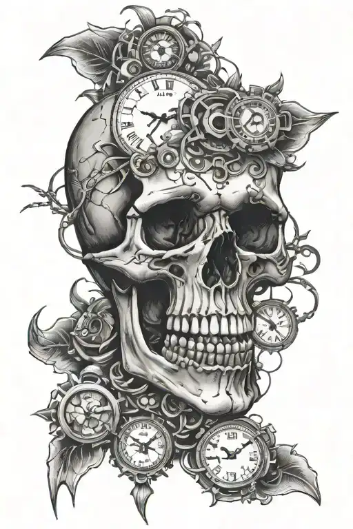 detailed shading angry silenced skull with clocks and sexy lines tattoo design idea