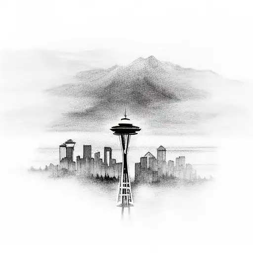 The Seattle skyline silhouetted against a breathtaking sunset over the Pacific Ocean tattoo design idea