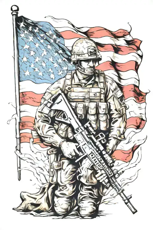 fallen soldier memorial  american flag background tattoo design idea