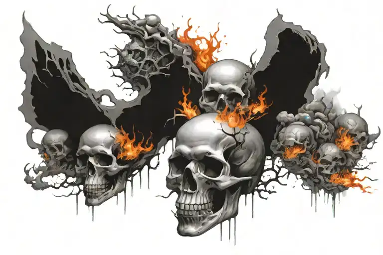 Chaos, Skulls, fire and nuclear explosions in three-dimensional drawing. tattoo design idea