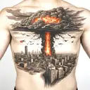 Tattoo depicting a landscape of chaos, like a city apparently hit by a nuclear explosion, bodies on fire. tattoo design idea