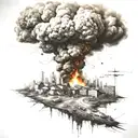 Tattoo depicting a landscape of chaos, like a city apparently hit by a nuclear explosion, bodies on fire. tattoo design idea